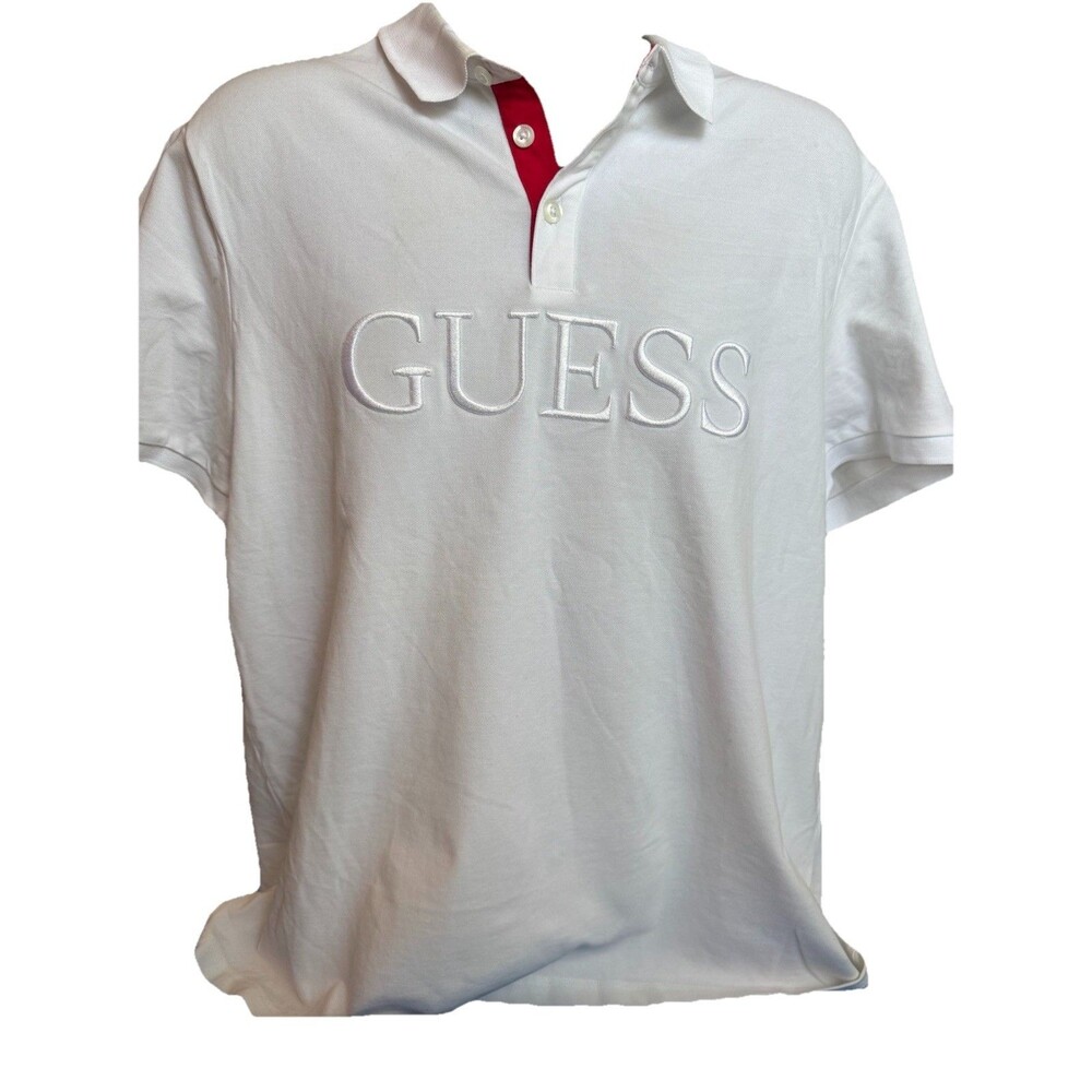 Men’s White Embroidery On White Guess Golf Polo Shirt  SZ XL